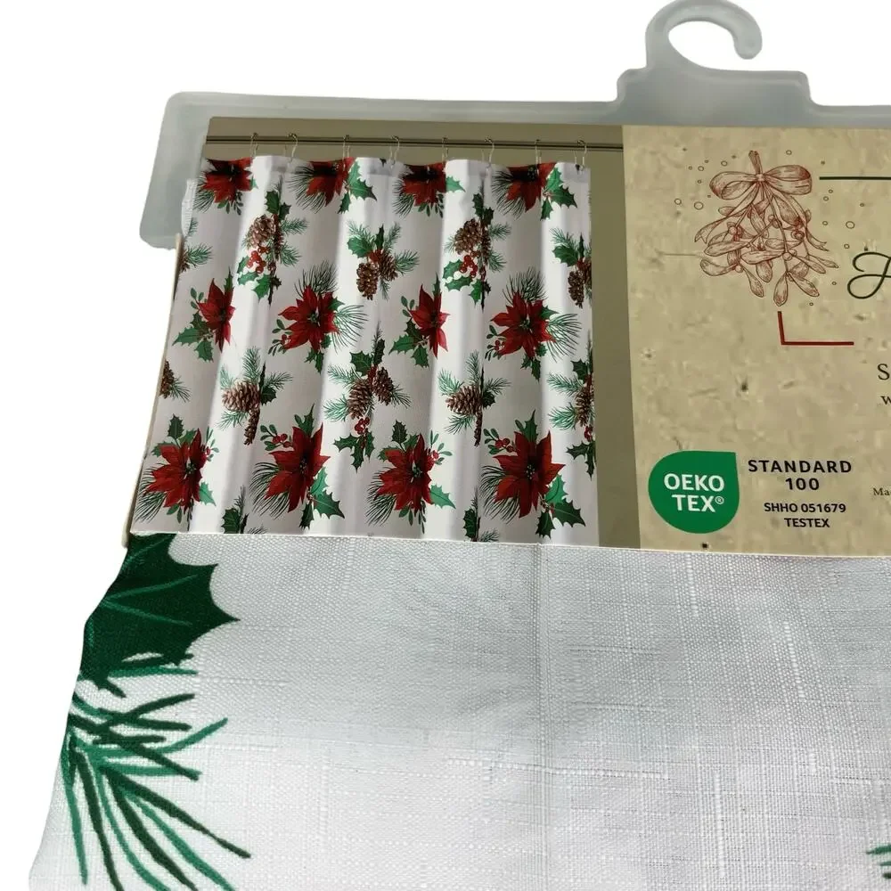 Christmas Shower Curtain Oh Holy Night Poinsettia Pine Hooks New